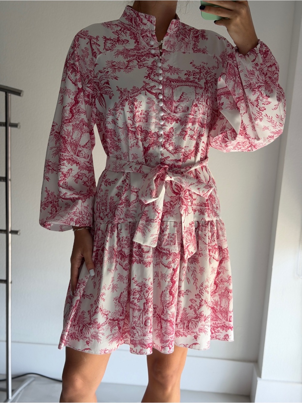 White & Rose Toile Print Tie-Waist Mini Dress